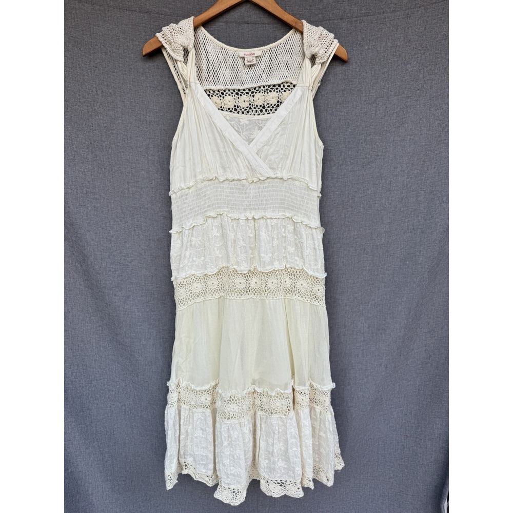 Sundance Sz 8 Ivory Floral Cotton Lace Crochet Embroidered Scoop Neck Midi Dress